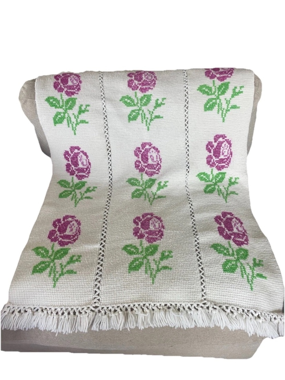 Vintage Crocheted Knit Cross Stitch Pink Roses on Cream Afghan Blanket 51”x36”
